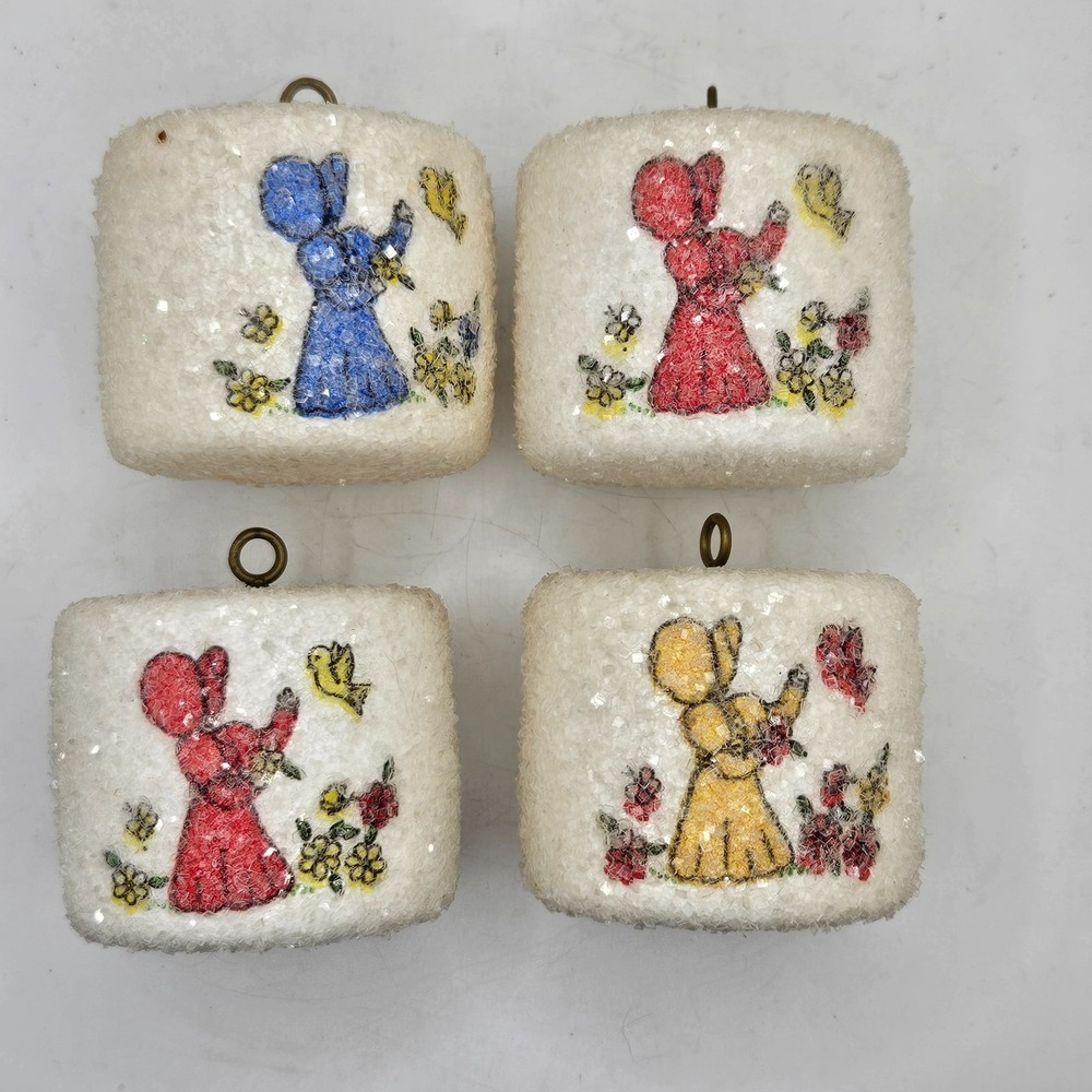 Vintage‎ Rauch Pyramid Glitter Sun Bonnet Girl Christmas Ornaments Set of 4